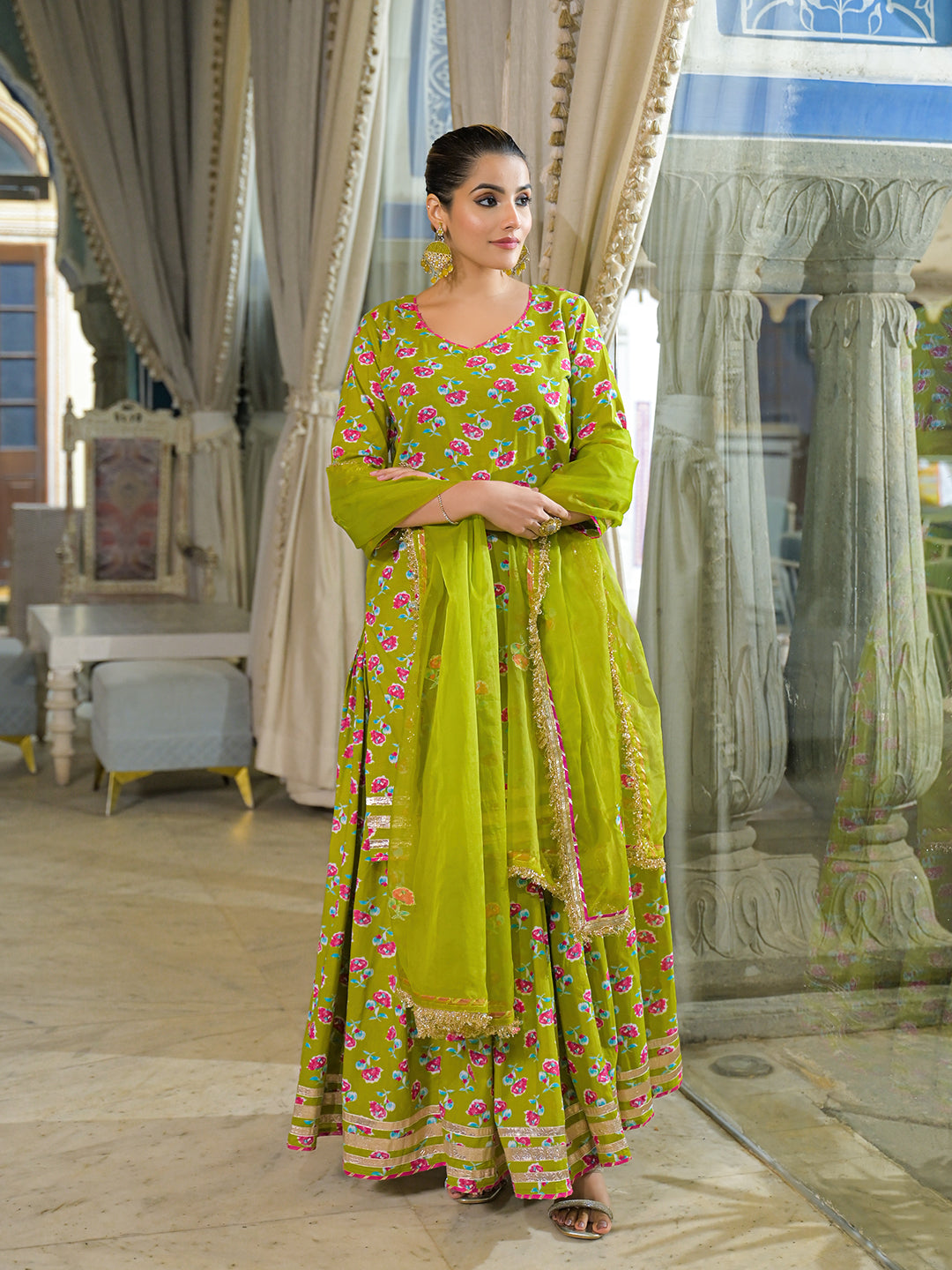 Green-Cotton-Lehenga-Sets-With-Dupatta