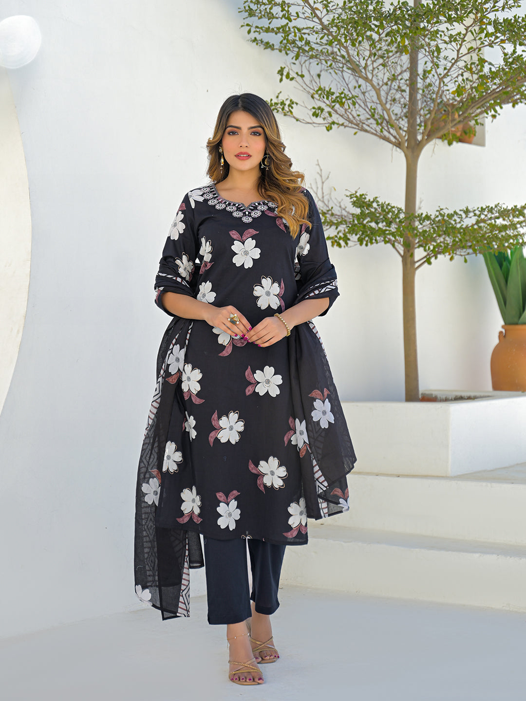 Black Round Neck Floral Cotton Straight Kurta Pant Set With Dupatta
