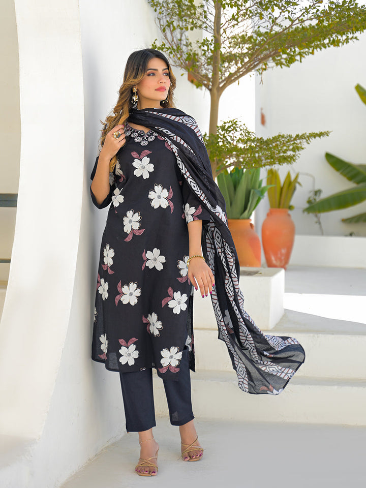 Black Round Neck Floral Cotton Straight Kurta Pant Set With Dupatta