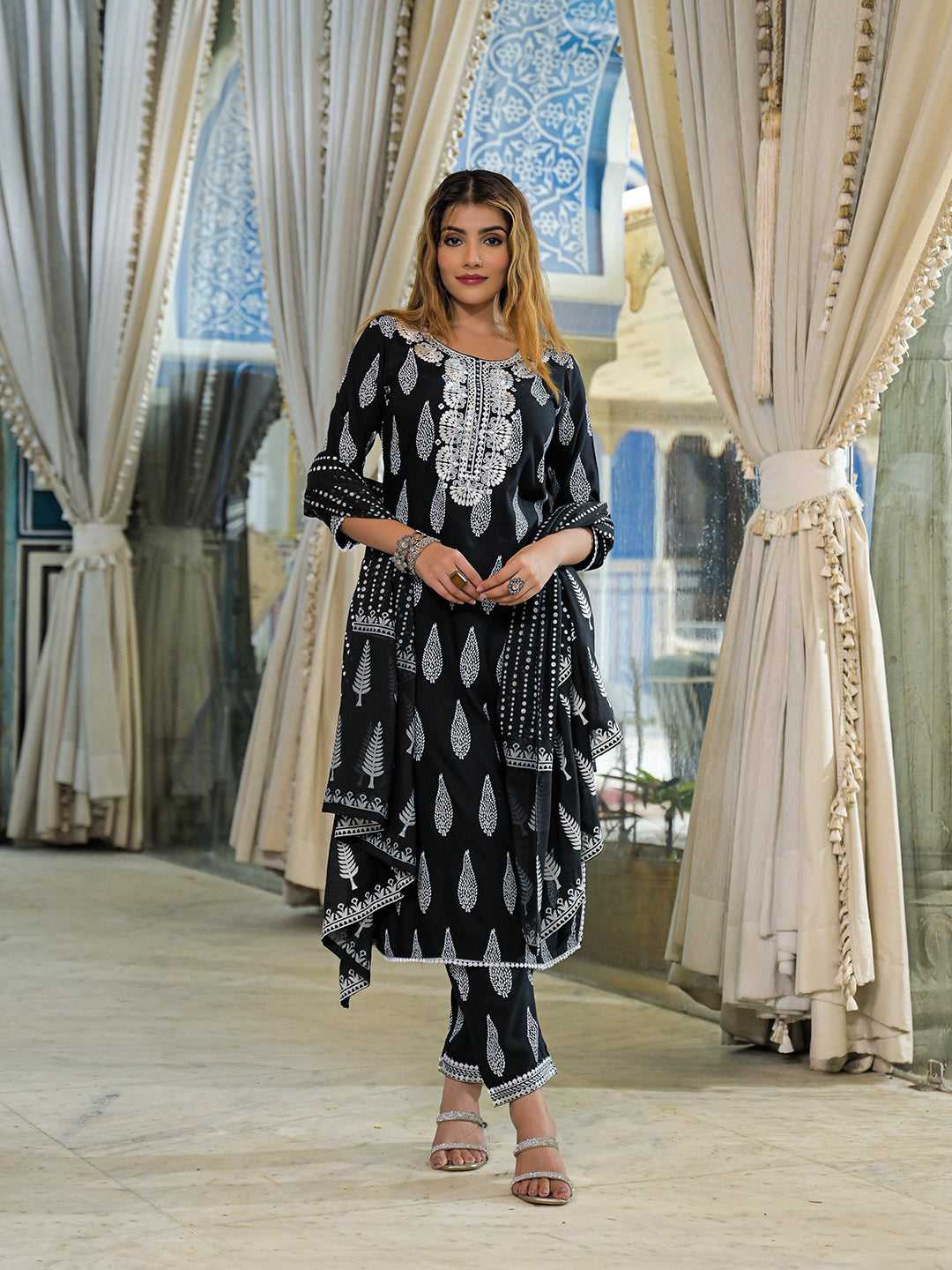 Black-Rayon-Embroidered-Straight-3-Piece-Kurta-Set
