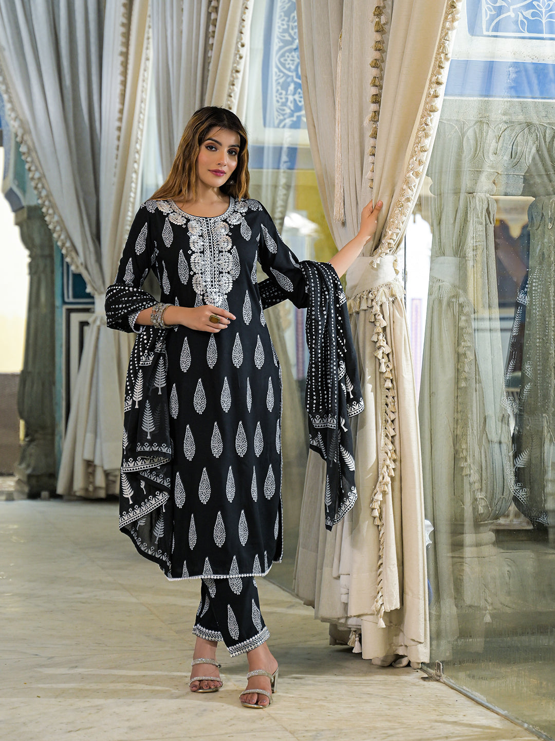 Black-Rayon-Embroidered-Straight-3-Piece-Kurta-Set