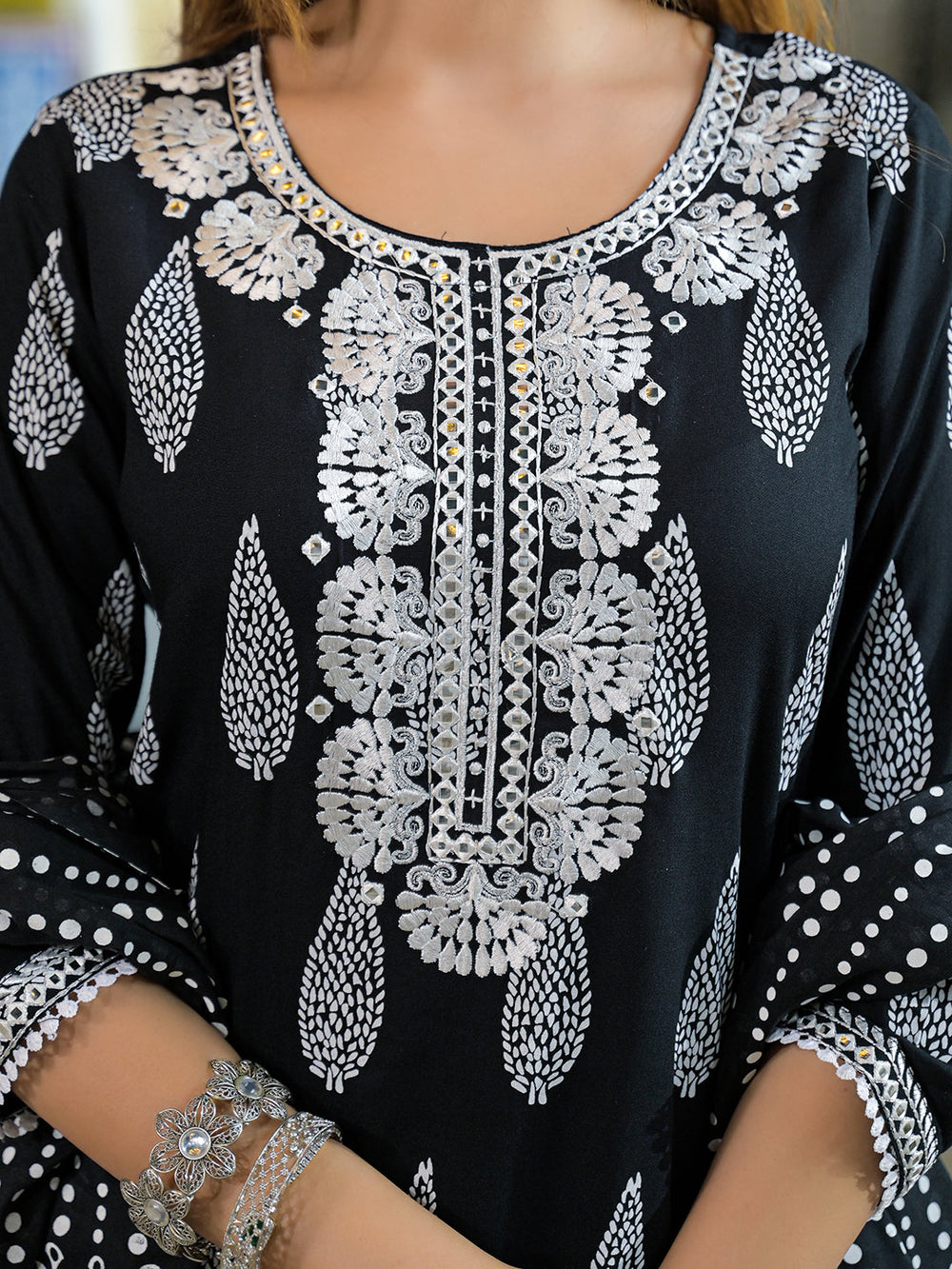 Black-Rayon-Embroidered-Straight-3-Piece-Kurta-Set