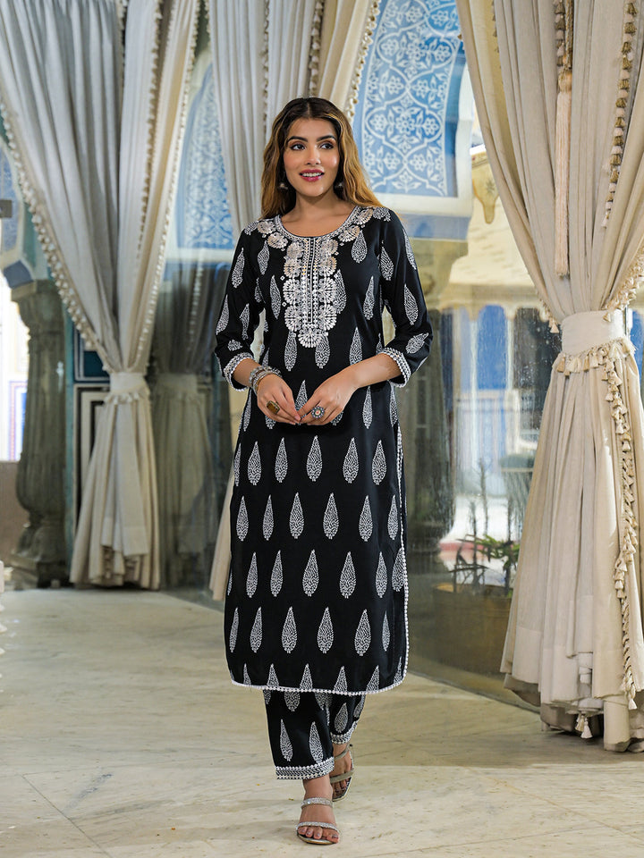 Black-Rayon-Embroidered-Straight-3-Piece-Kurta-Set