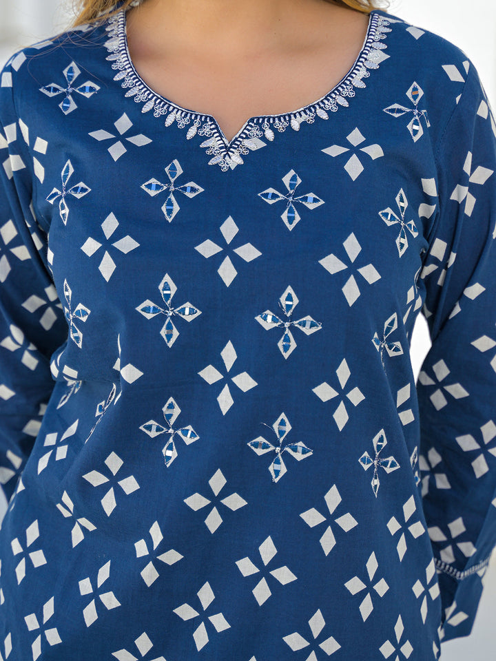 Blue Round Neck Cotton Straight Kurta Pant Set With Dupatta