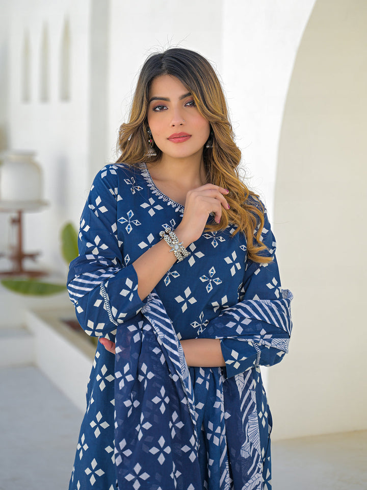 Blue Round Neck Cotton Straight Kurta Pant Set With Dupatta