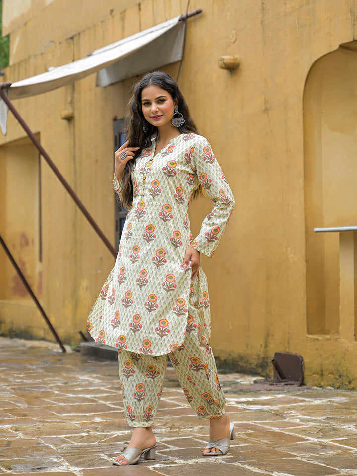 Cream-Cotton-Floral-Print-Co-Ords-Sets