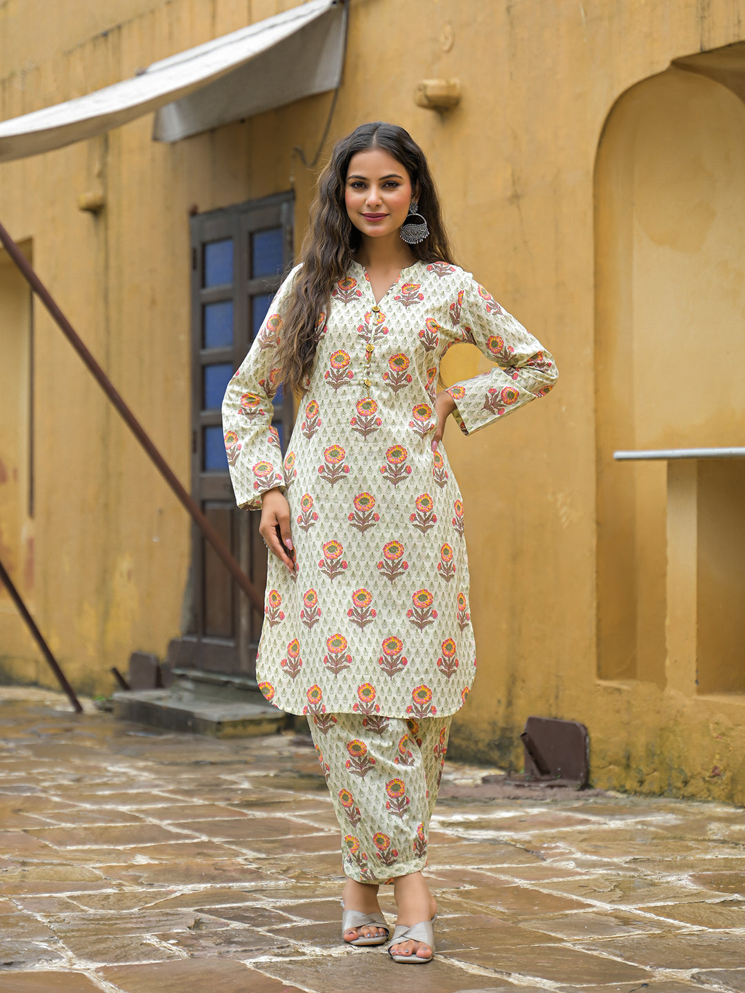 Cream-Cotton-Floral-Print-Co-Ords-Sets