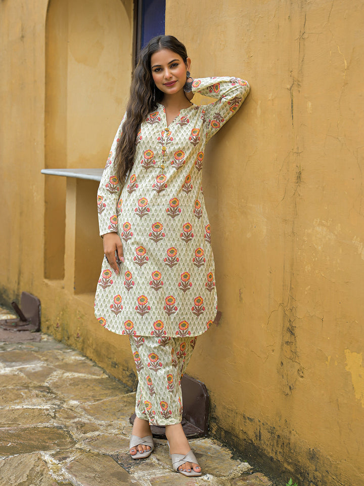 Cream-Cotton-Floral-Print-Co-Ords-Sets