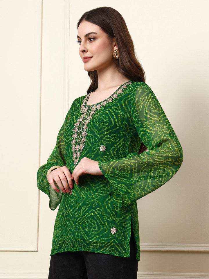 Green Round Neck Georgette Bandhani Print Top