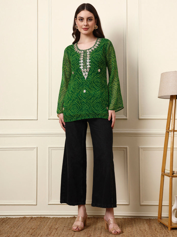 Green Round Neck Georgette Bandhani Print Top
