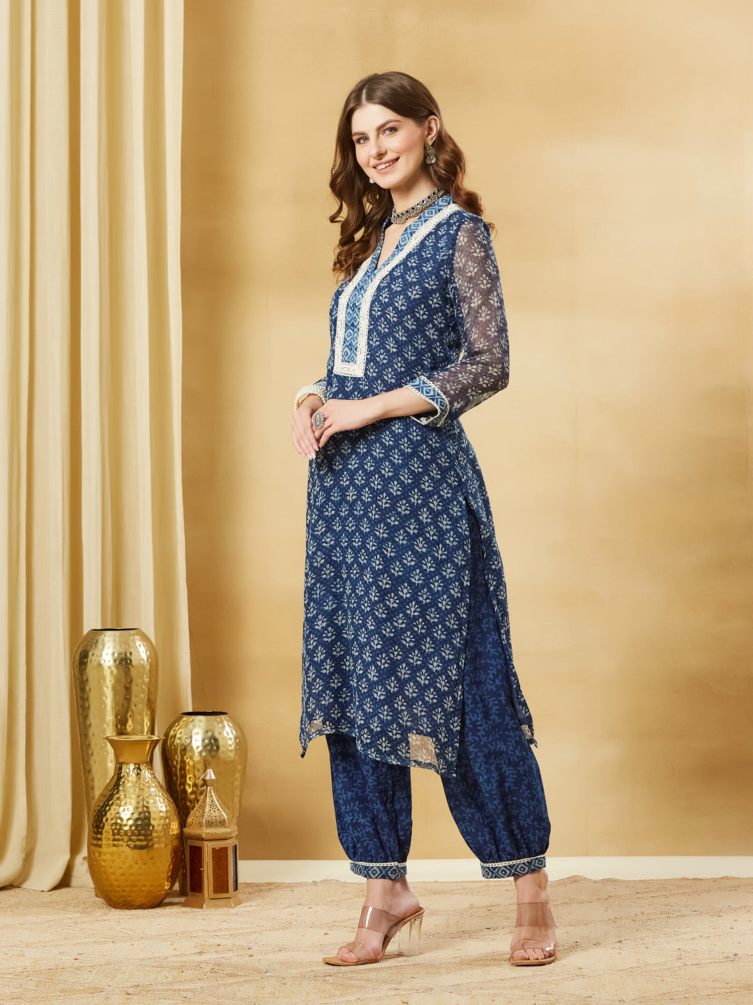 Blue Floral Kota Doria Hand Block Kurta Pant Set With Dupatta