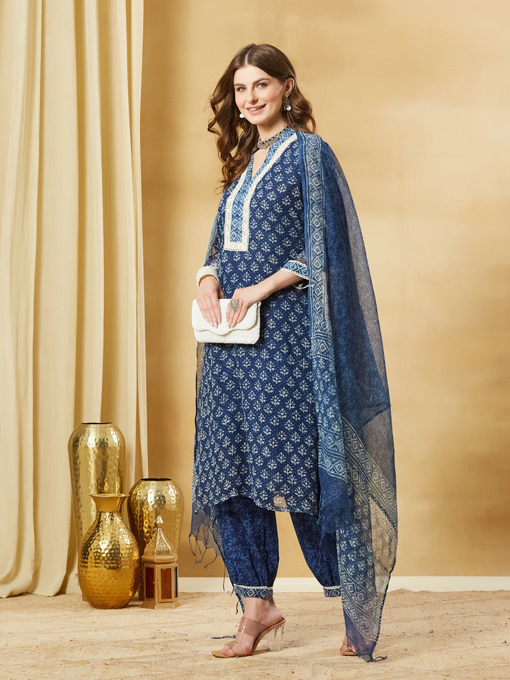 Blue Floral Kota Doria Hand Block Kurta Pant Set With Dupatta