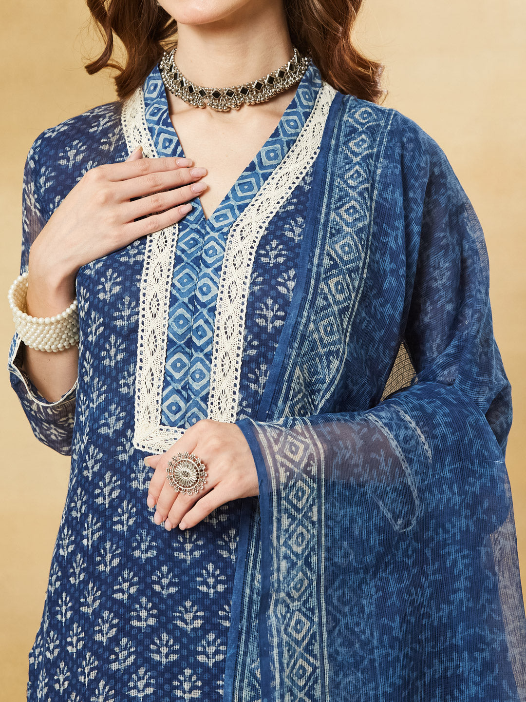 Blue Floral Kota Doria Hand Block Kurta Pant Set With Dupatta