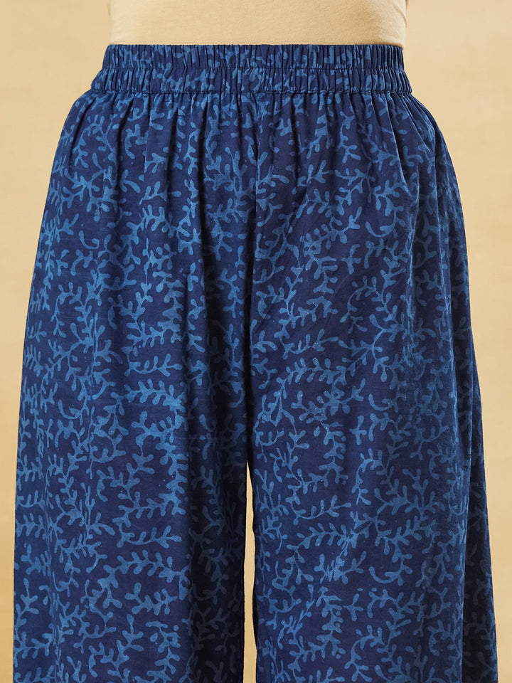 Blue Floral Kota Doria Hand Block Kurta Pant Set With Dupatta