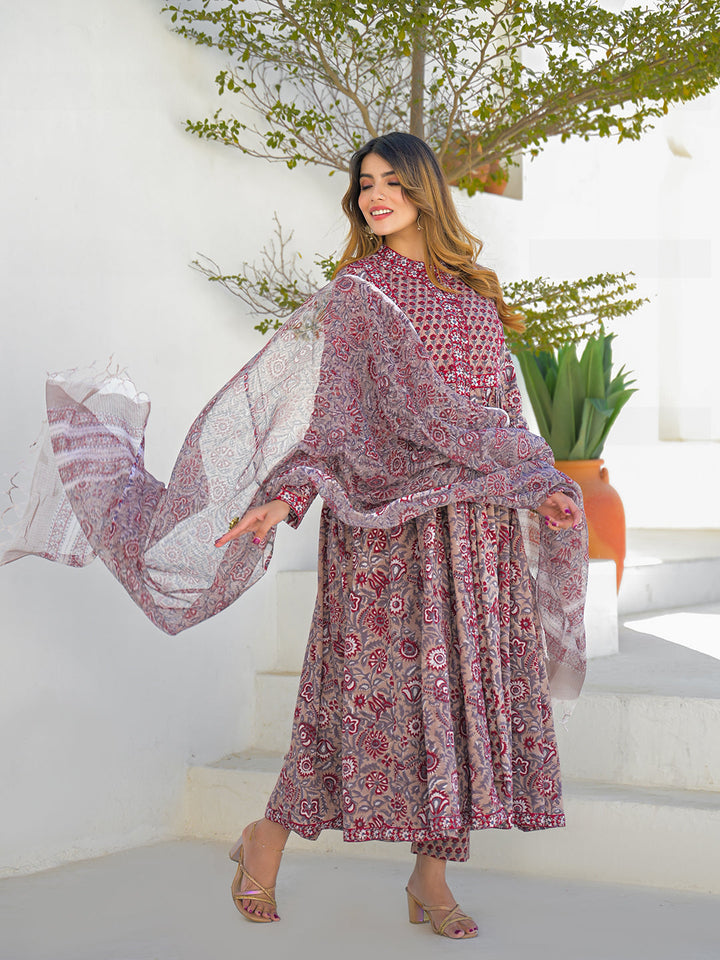 Maroon Hand Block Cotton Anarkali Kurta Pant Set With Dupatta