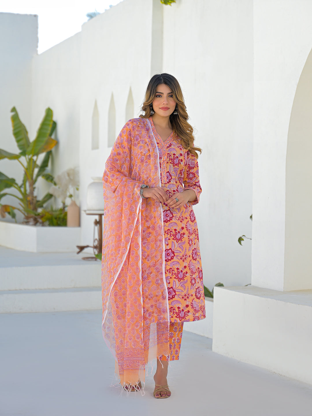 Orange Floral Cotton Hand Block Kurta Sets With Dupatta