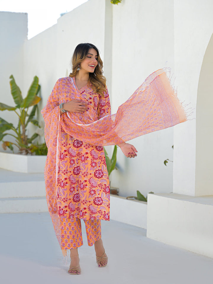 Orange Floral Cotton Hand Block Kurta Sets With Dupatta