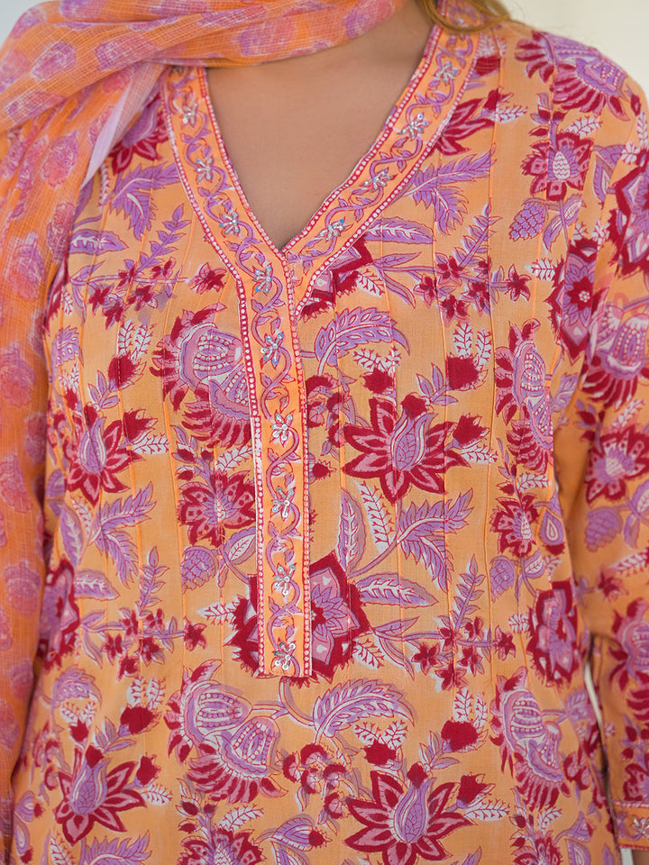 Orange Floral Cotton Hand Block Kurta Sets With Dupatta