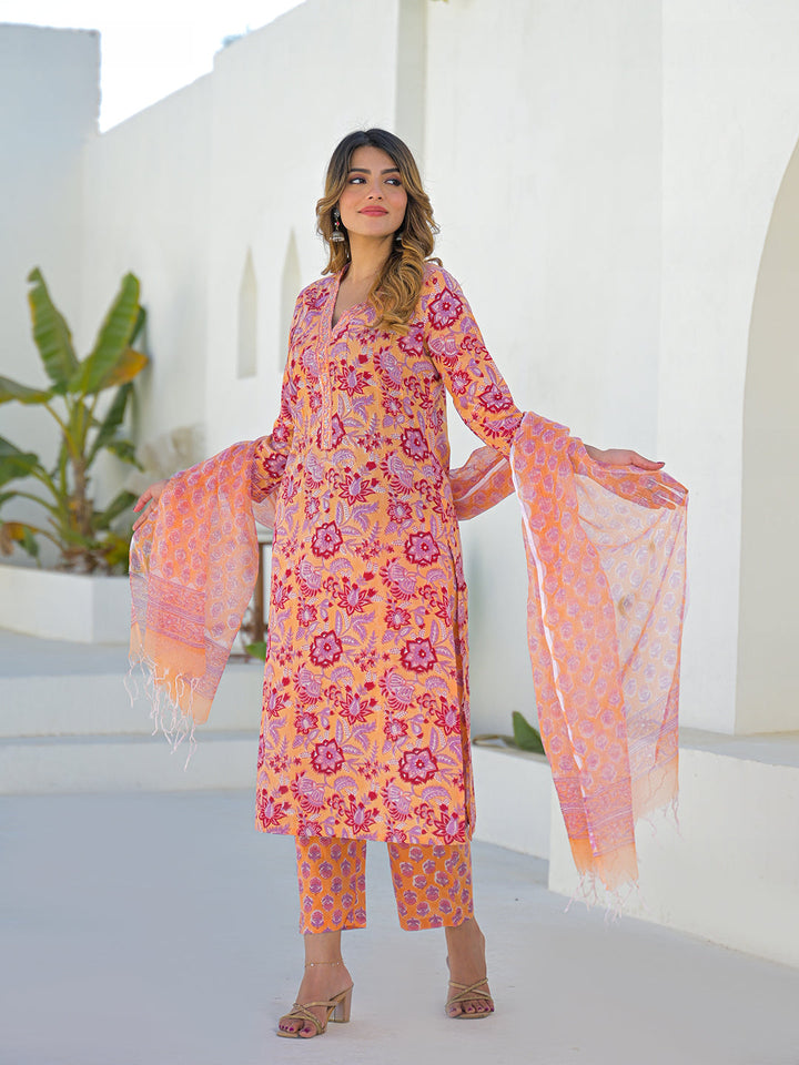 Orange Floral Cotton Hand Block Kurta Sets With Dupatta