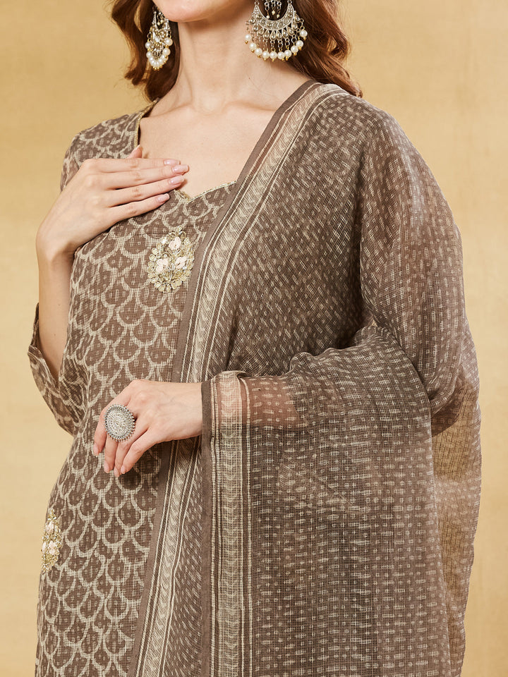 Brown Kota Doria Round Neck Hand Block Kurta Set with Dupatta