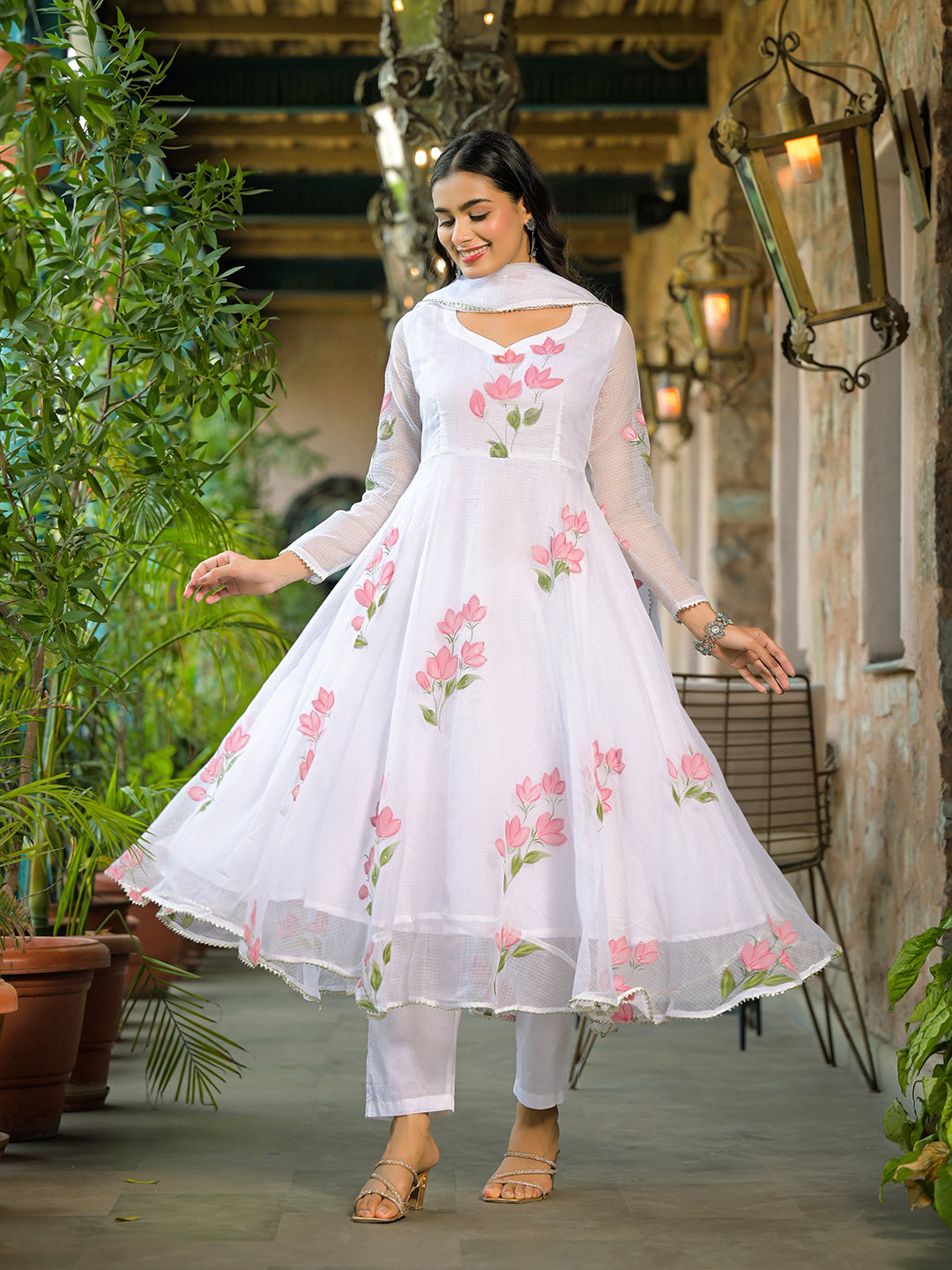 White-Kota-Doria-Anarkali-3-Piece-Kurta-Set