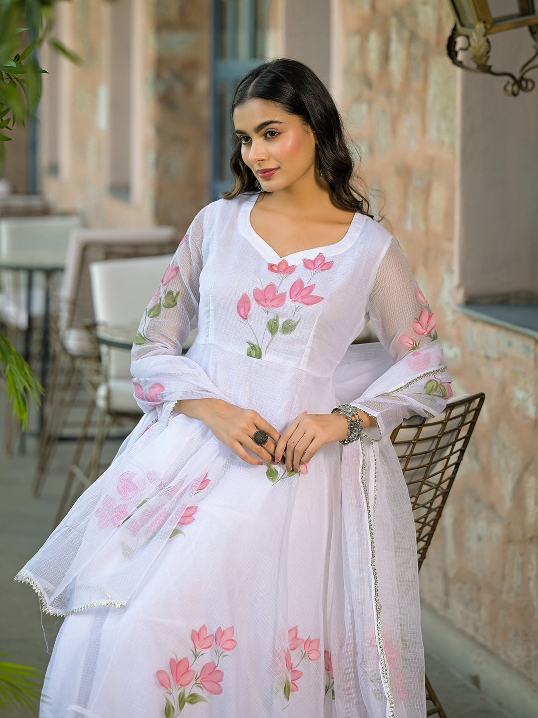White-Kota-Doria-Anarkali-3-Piece-Kurta-Set