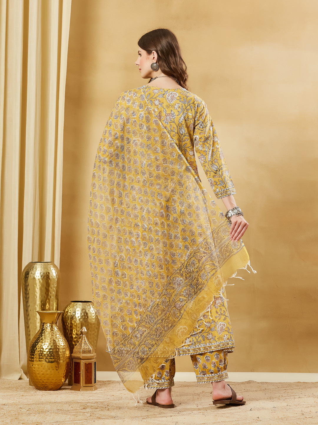 Mustard Hand Block Cotton Kurta Pant Set With Dupatta