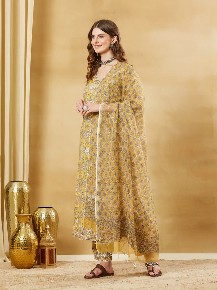 Mustard Hand Block Cotton Kurta Pant Set With Dupatta