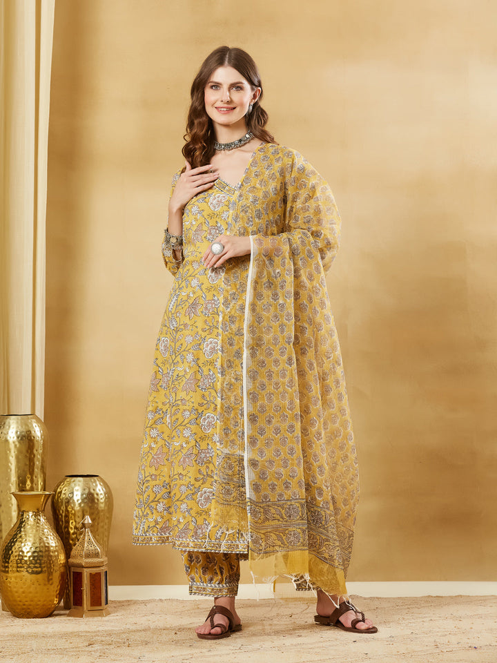 Mustard Hand Block Cotton Kurta Pant Set With Dupatta