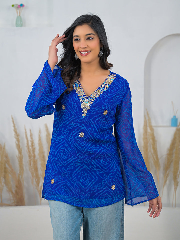 Blue-Georgette-Bandhani-Gotta-Patti-V-Neck-Top-Only