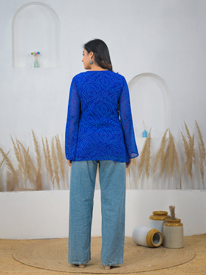 Blue-Georgette-Bandhani-Gotta-Patti-V-Neck-Top-Only