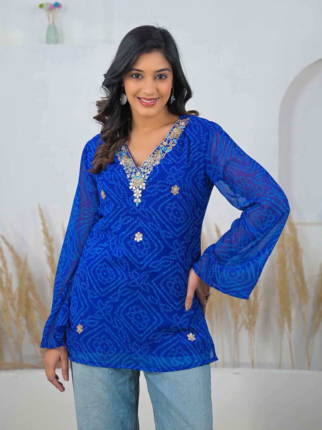 Blue-Georgette-Bandhani-Gotta-Patti-V-Neck-Top-Only