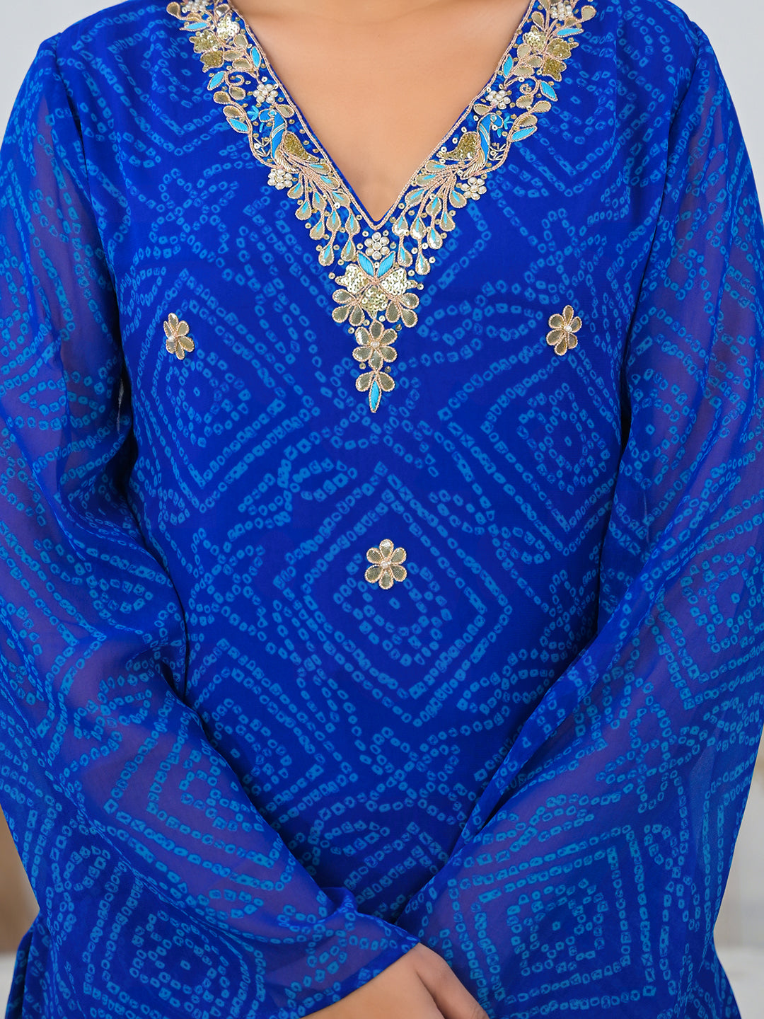 Blue-Georgette-Bandhani-Gotta-Patti-V-Neck-Top-Only