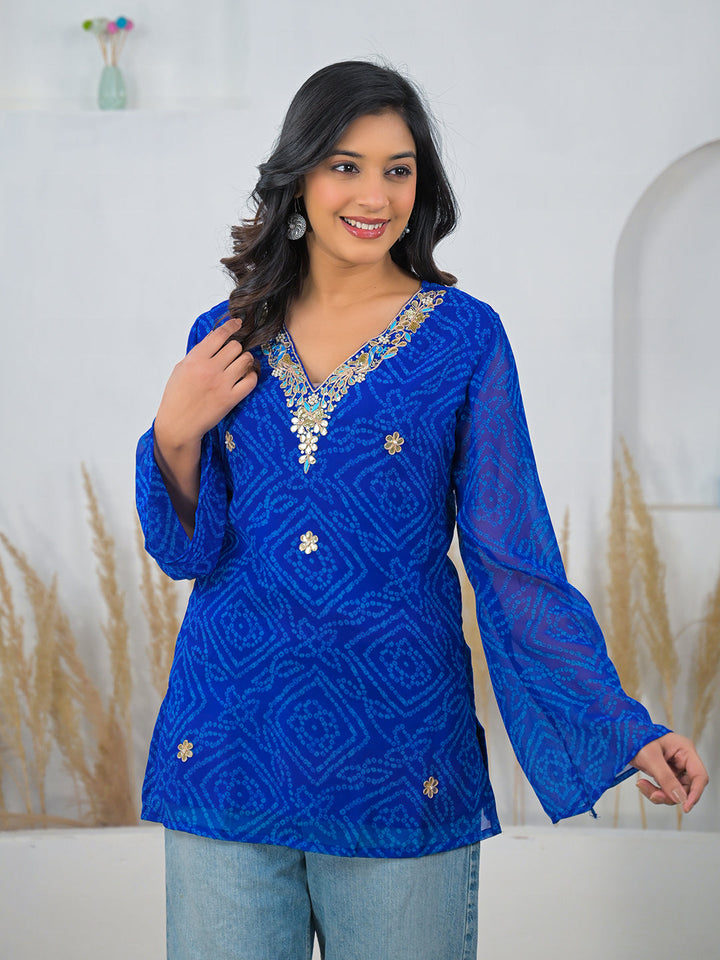 Blue-Georgette-Bandhani-Gotta-Patti-V-Neck-Top-Only