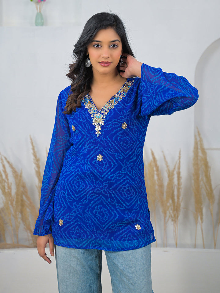 Blue-Georgette-Bandhani-Gotta-Patti-V-Neck-Top-Only