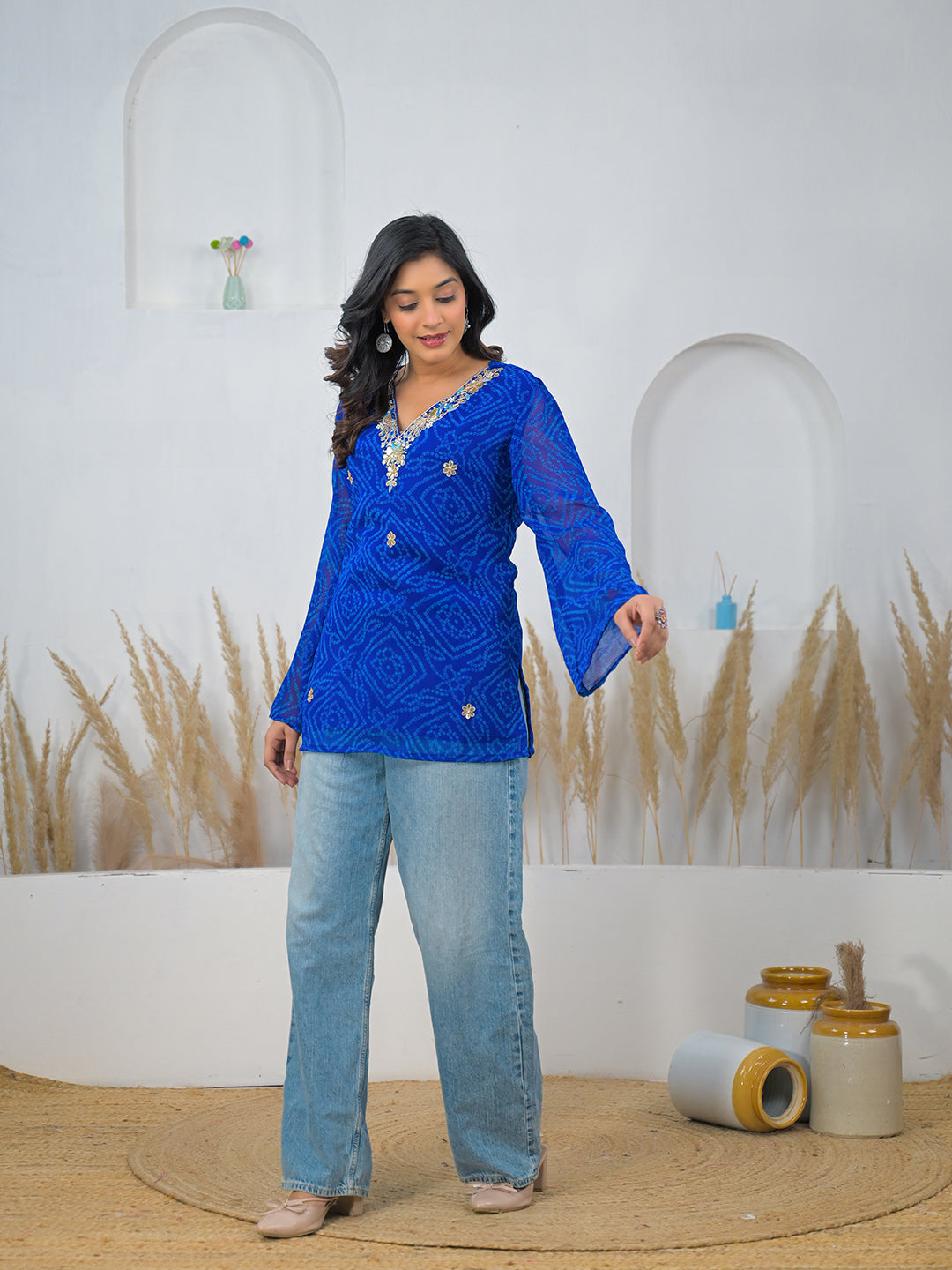 Blue-Georgette-Bandhani-Gotta-Patti-V-Neck-Top-Only