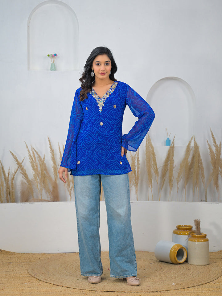 Blue-Georgette-Bandhani-Gotta-Patti-V-Neck-Top-Only