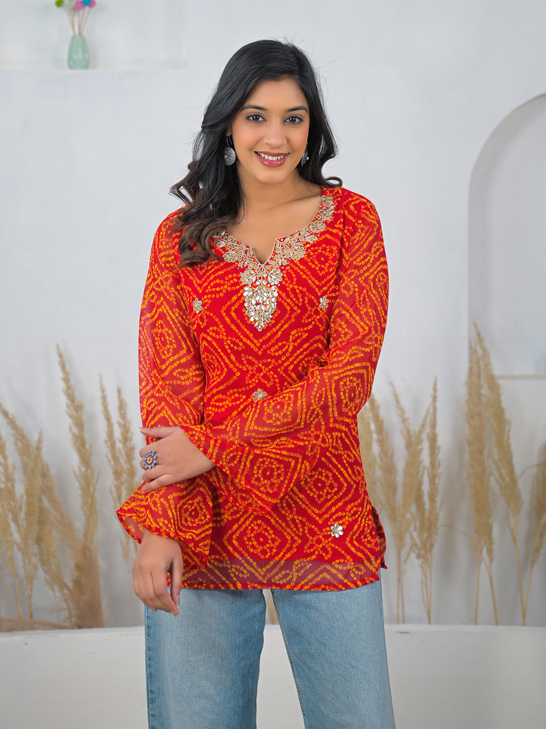 Red-Georgette-Bandhani-Gotta-Patti-V-Neck-Top-Only