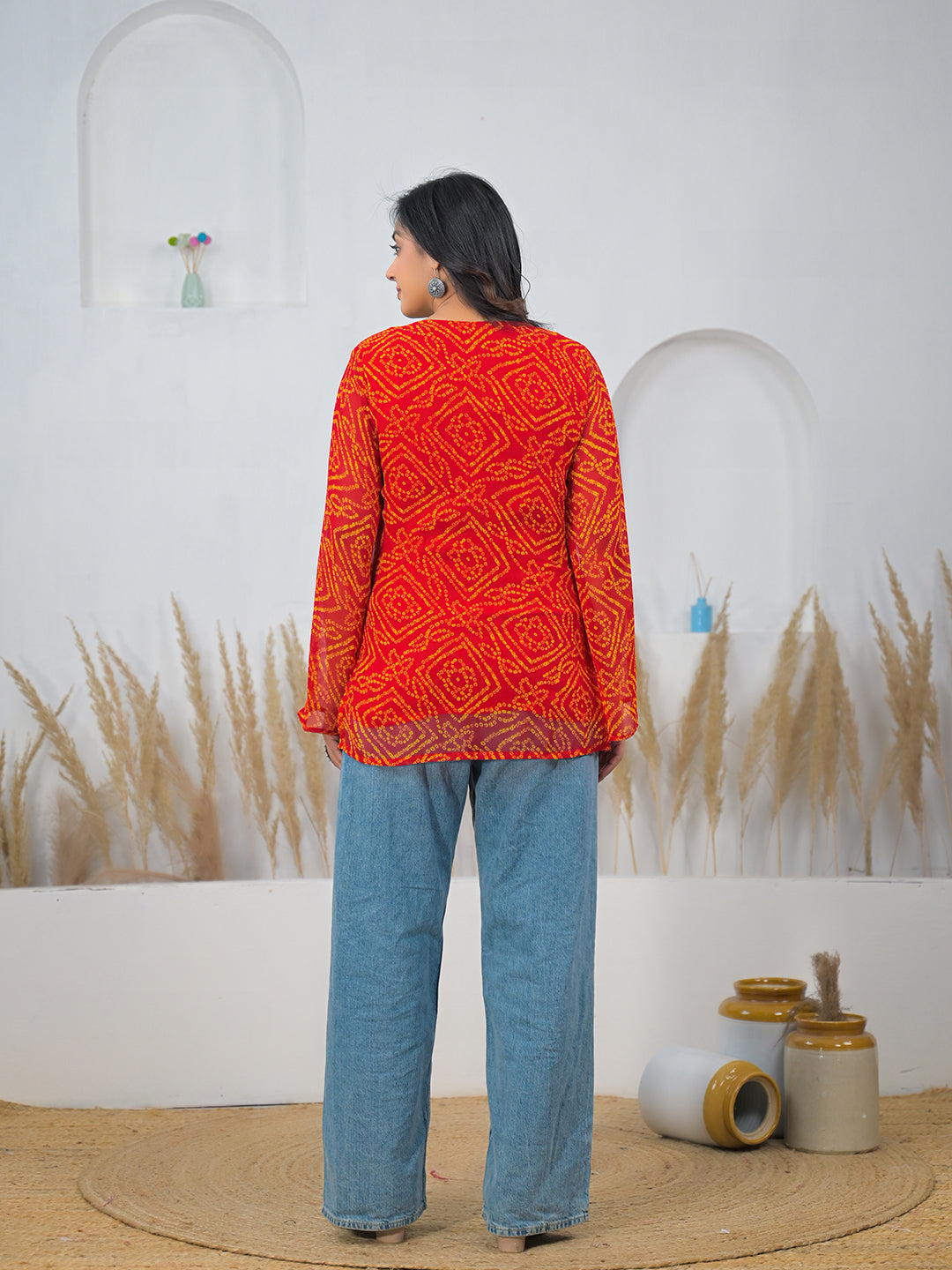 Red-Georgette-Bandhani-Gotta-Patti-V-Neck-Top-Only