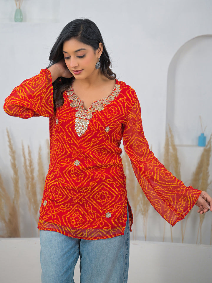 Red-Georgette-Bandhani-Gotta-Patti-V-Neck-Top-Only