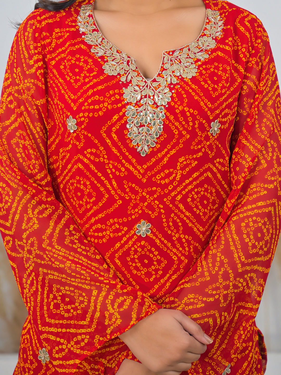 Red-Georgette-Bandhani-Gotta-Patti-V-Neck-Top-Only