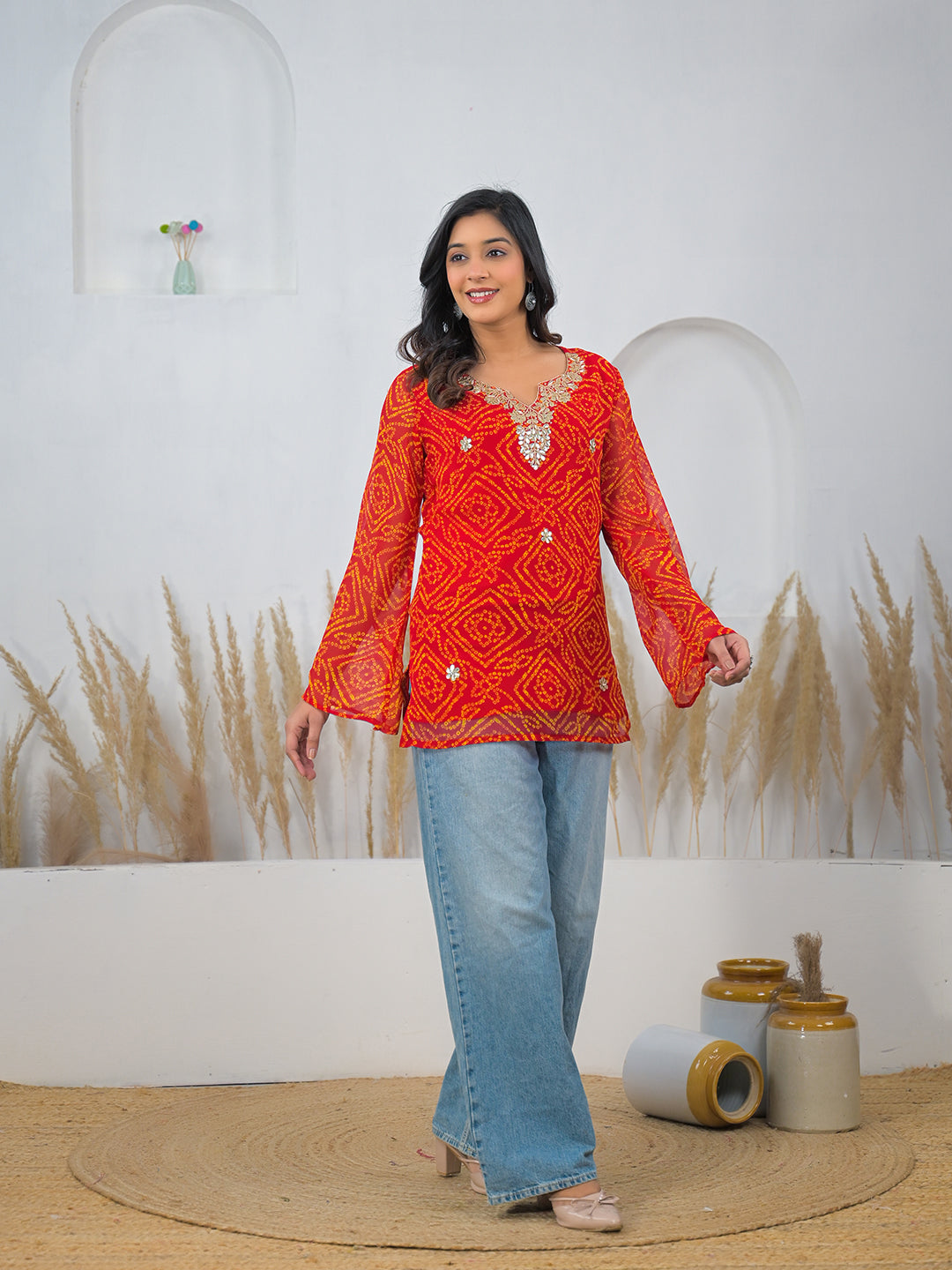 Red-Georgette-Bandhani-Gotta-Patti-V-Neck-Top-Only