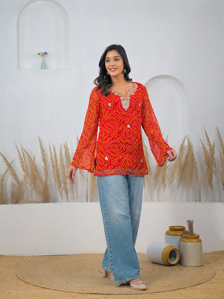 Red-Georgette-Bandhani-Gotta-Patti-V-Neck-Top-Only