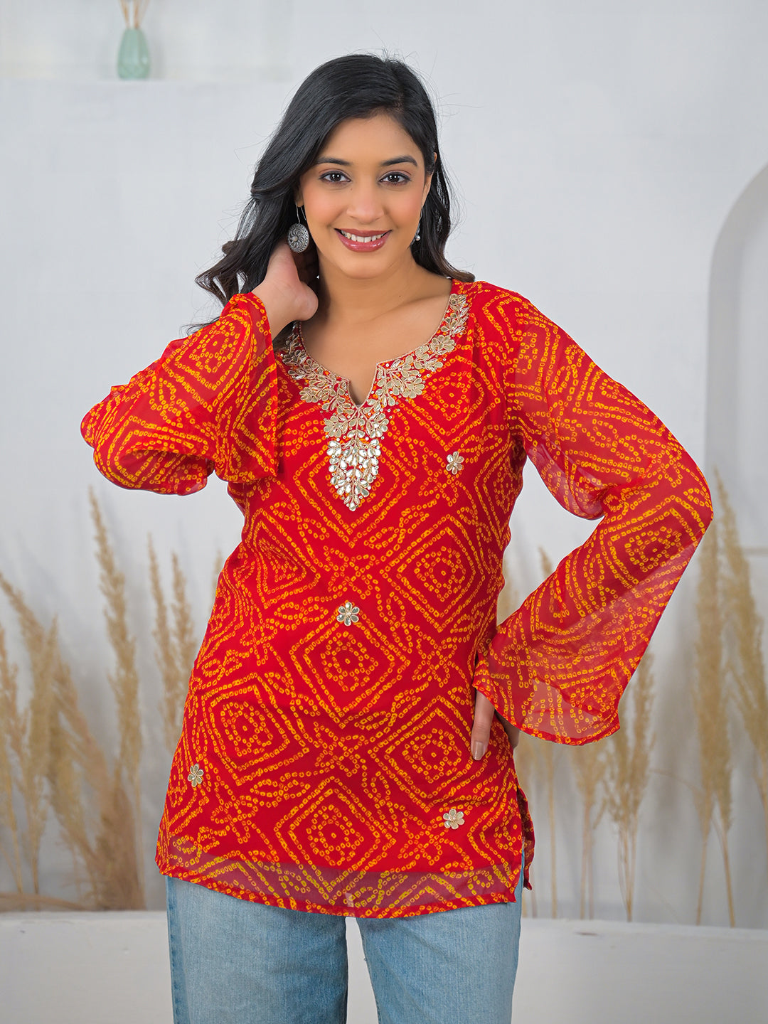 Red-Georgette-Bandhani-Gotta-Patti-V-Neck-Top-Only