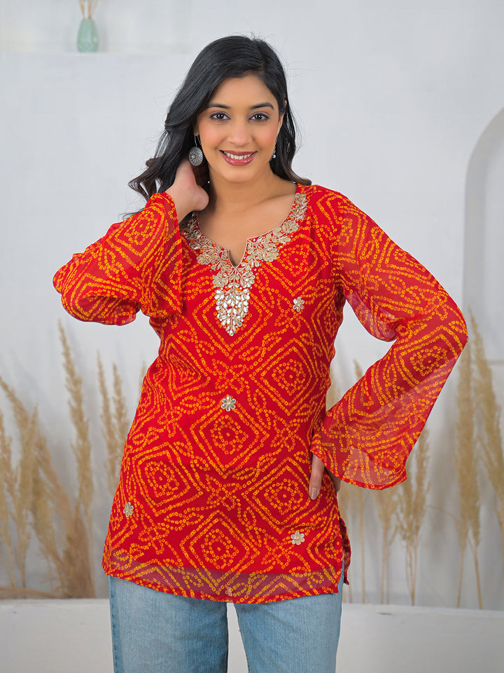 Red-Georgette-Bandhani-Gotta-Patti-V-Neck-Top-Only