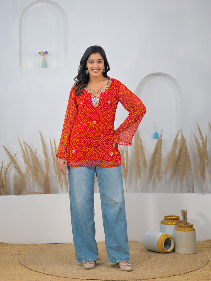 Red-Georgette-Bandhani-Gotta-Patti-V-Neck-Top-Only