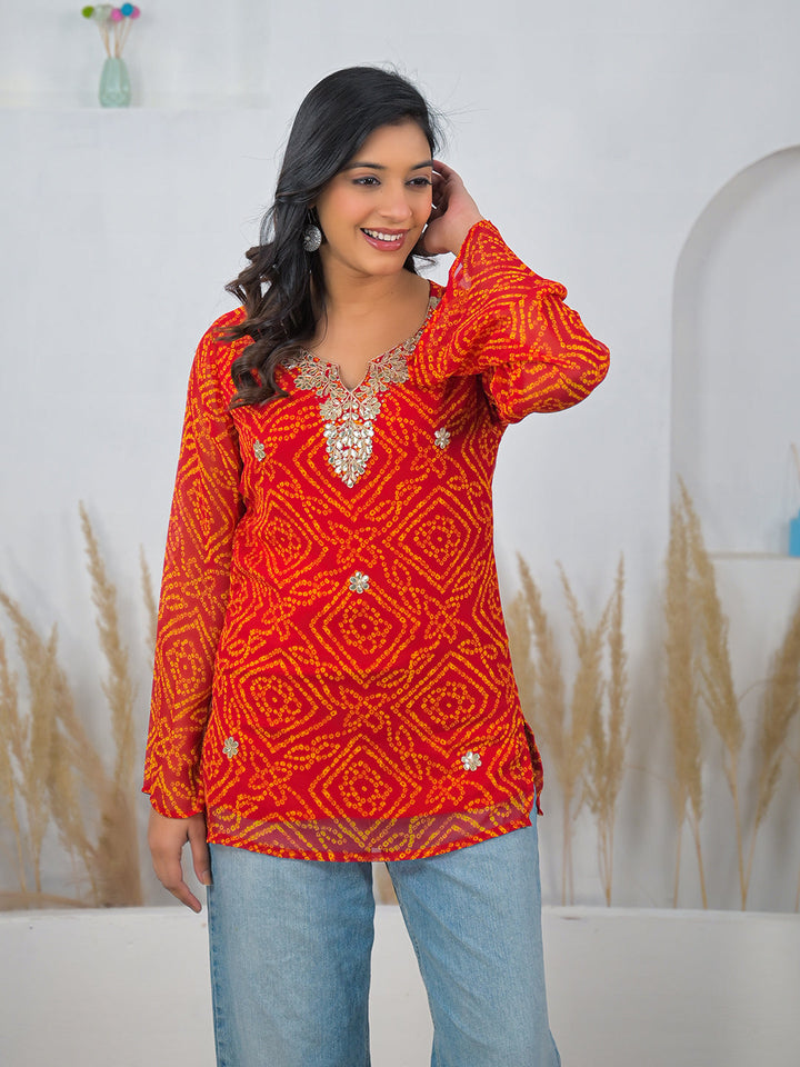 Red-Georgette-Bandhani-Gotta-Patti-V-Neck-Top-Only