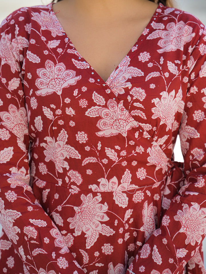 Maroon Anarkali Angrakha Floral Cotton Kurta Pant Sets