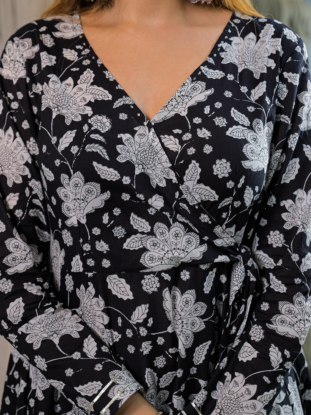 Black-Cotton-Floral-Print-Anarkali-2-Piece-Kurta-Set