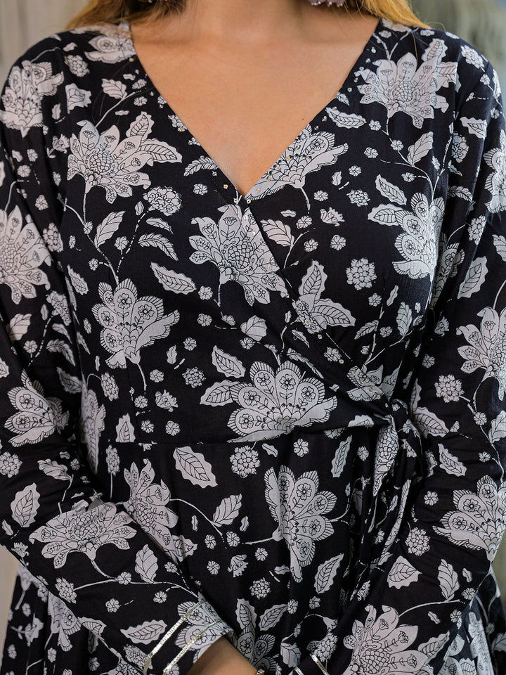 Black-Cotton-Floral-Print-Anarkali-2-Piece-Kurta-Set